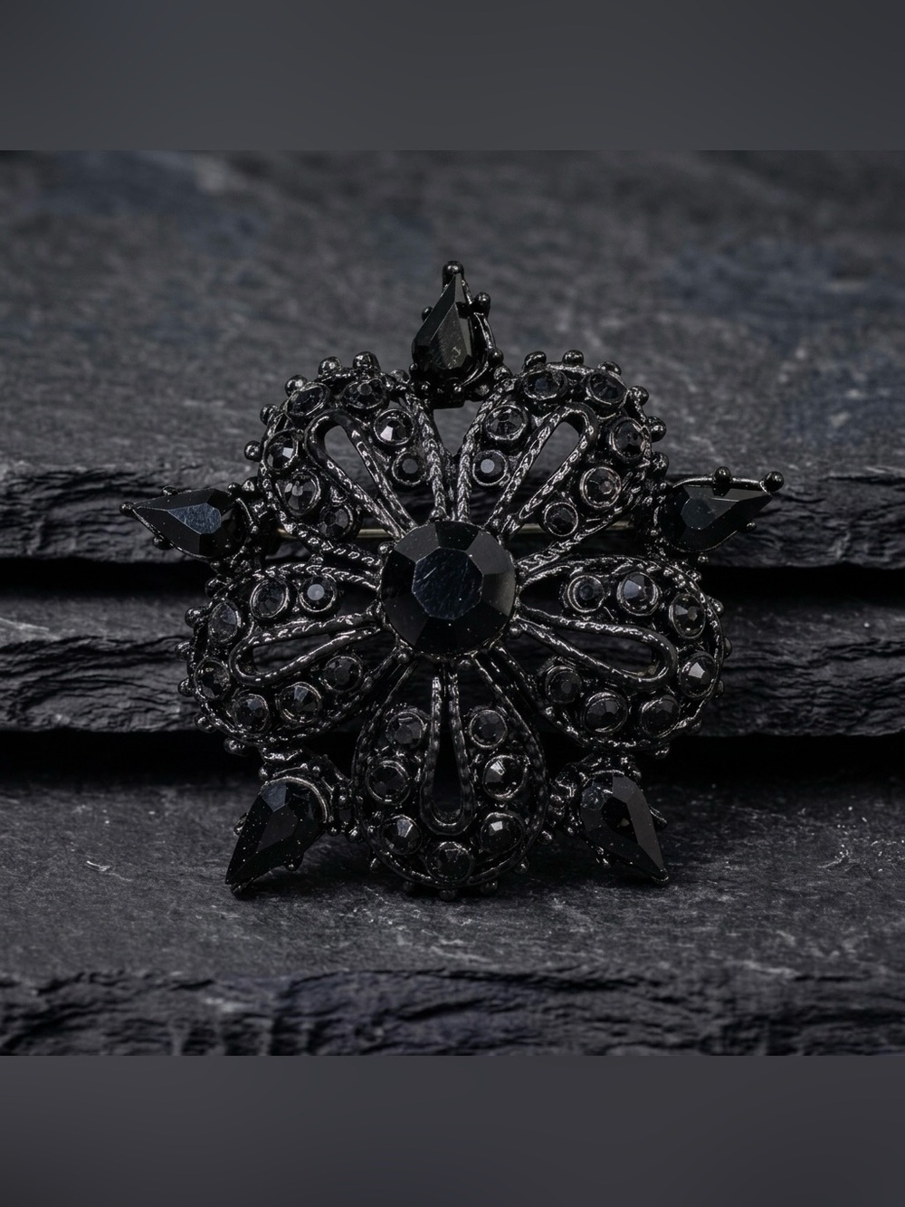 Vintage 70s Goth Black Rhinestone Star Flower Japanned Metal Statement Brooch
